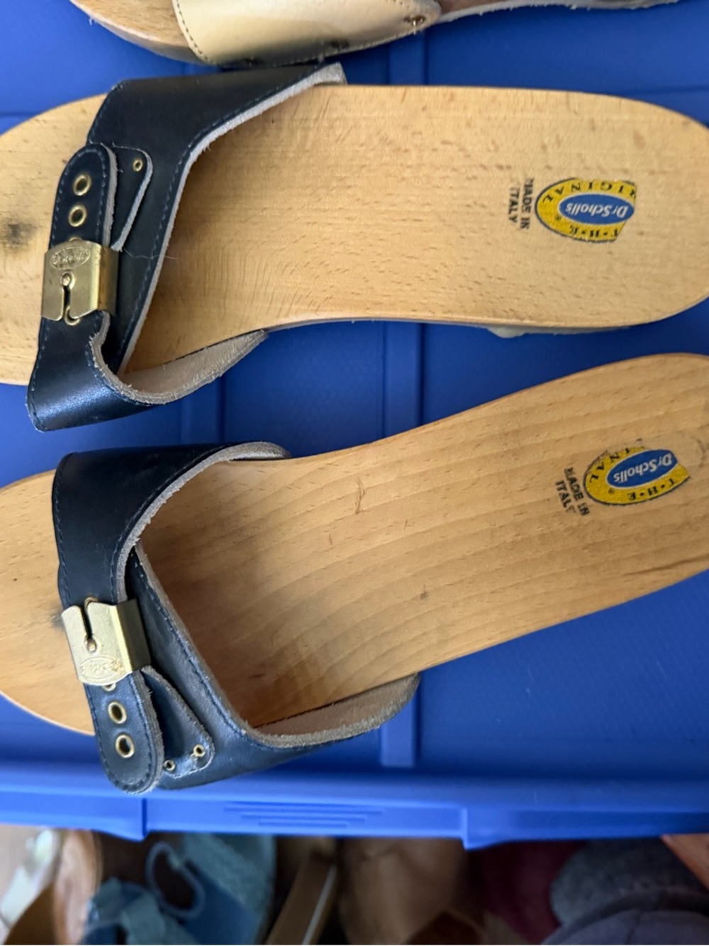 Dr. Scholl's Blue Leather Slide Sandals with Wood Footbed